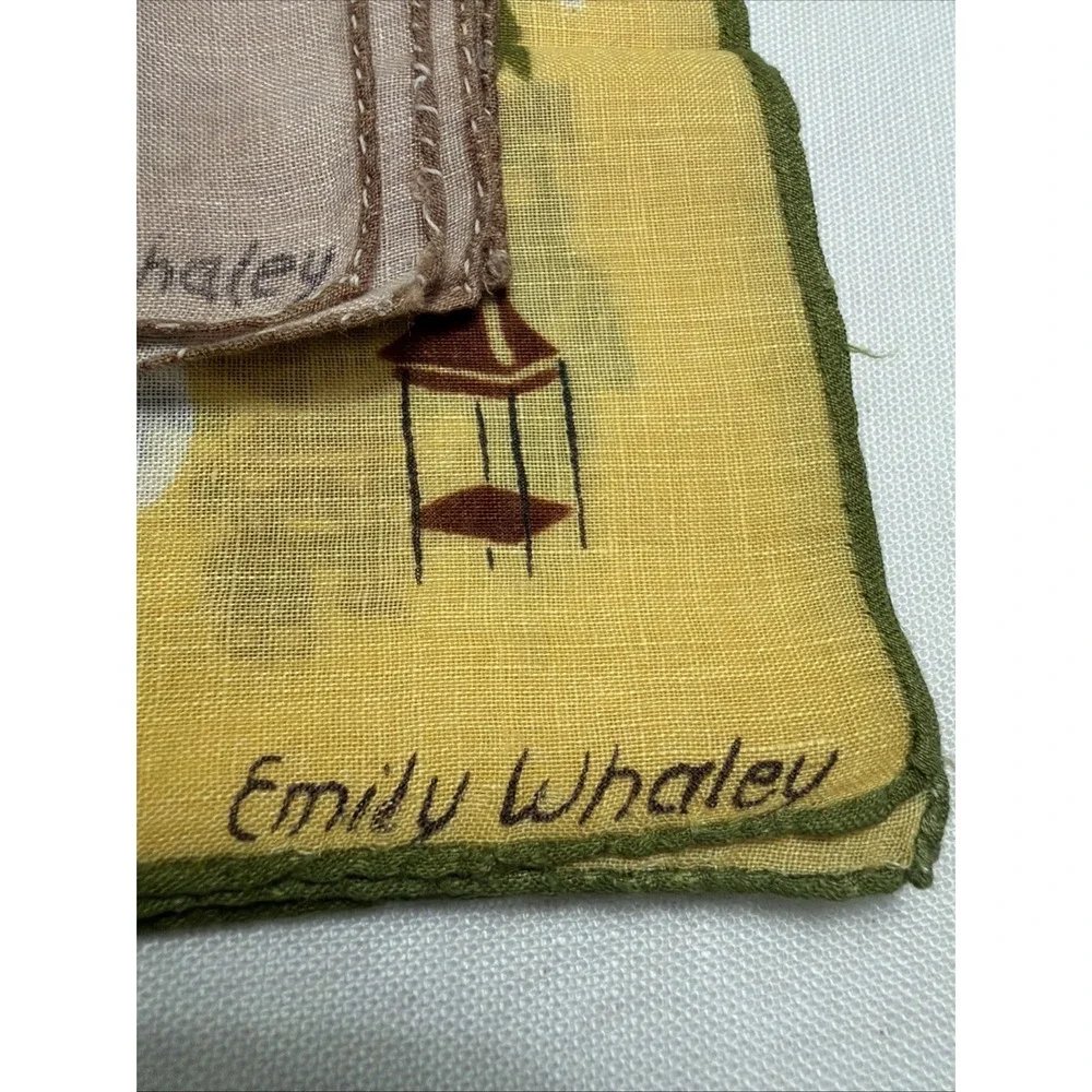 3 EMILY WHALEY Hankies Williamsburg Handkerchiefs Hand Rolled Border VTG